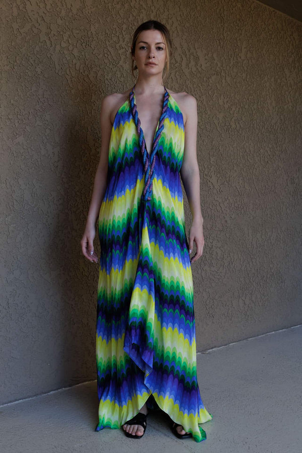 Blue Stripe Print Maxi Dress