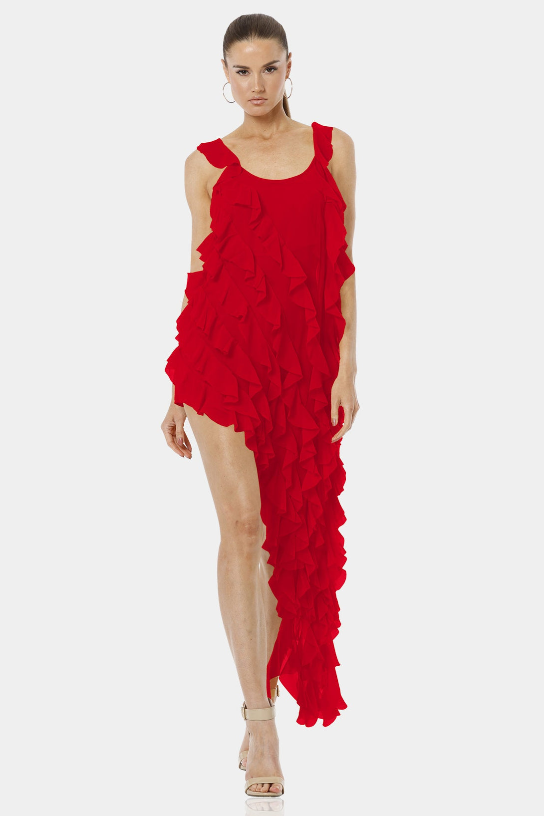 Shahida Parides,
ruffle sleeveless dress,
ruffle dress sleeveless,
red with ruffles,