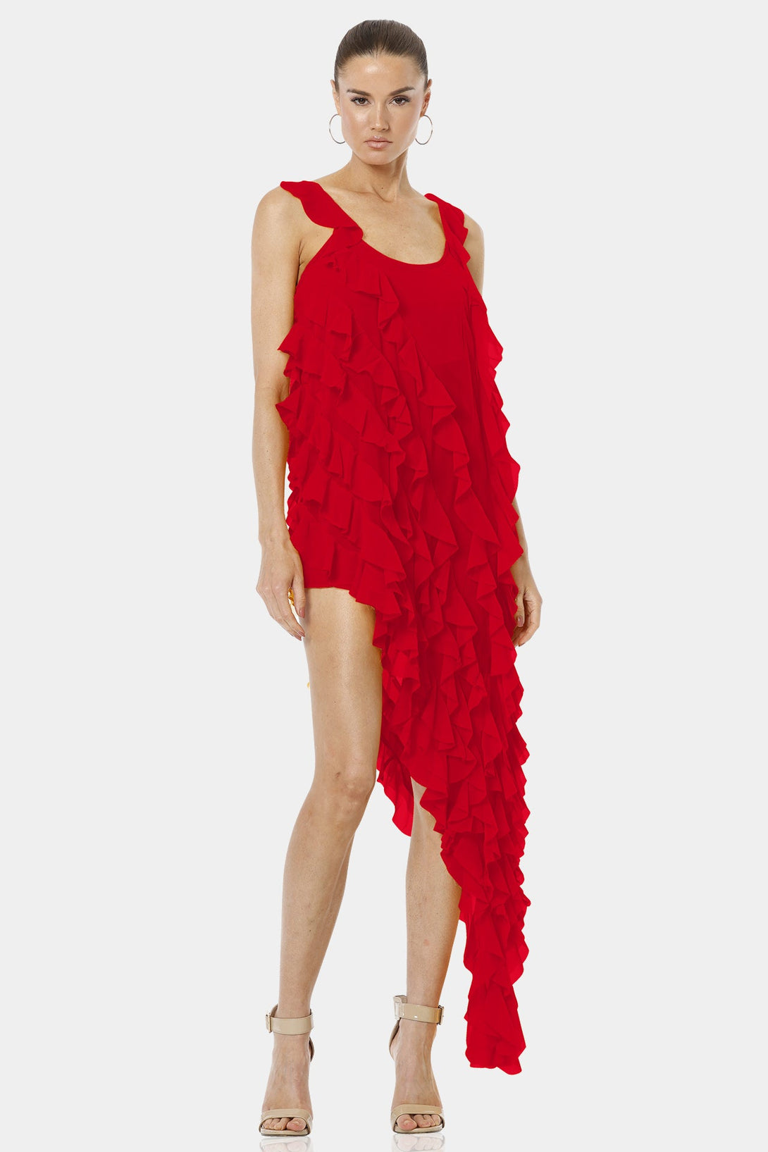 Shahida Parides,
ruffle dress sleeveless,
red with ruffles,
red with ruffle,