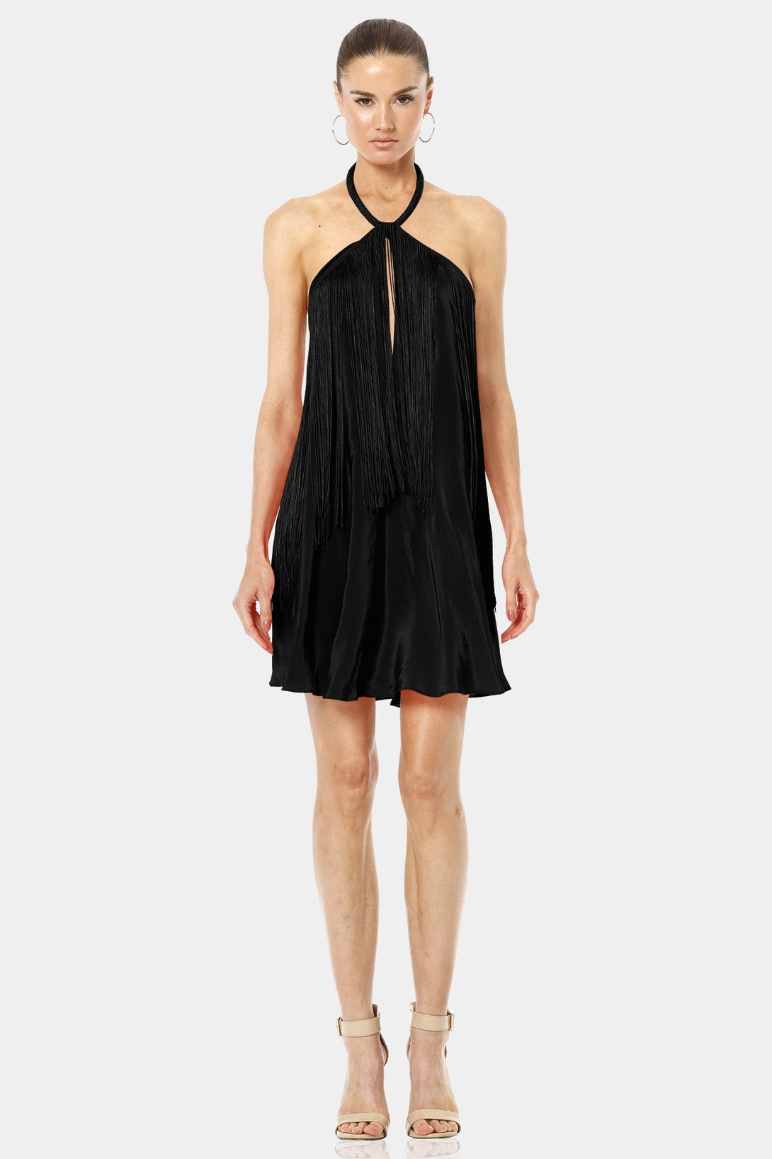 Shahida Parides,
halter fringe dress,
fringe mini dress,
black short dress,