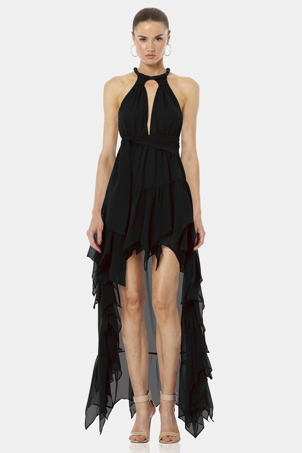 Psarou Black High Low Ruffle Maxi Dress