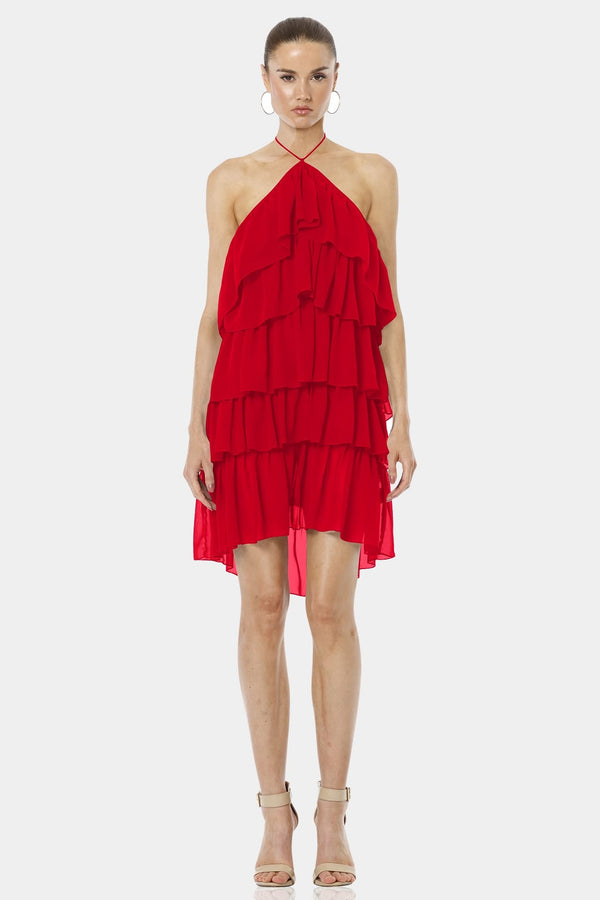 Red Halter Neckline Mini Ruffle Dress