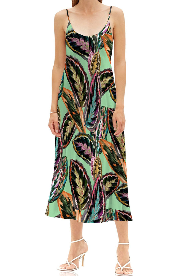 Vegan Silk Midi Slip Dress Leaf Print  in Green