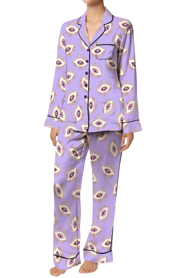 Digital Lavender Organic Silk Long Sleeve Shirt in Eye Print