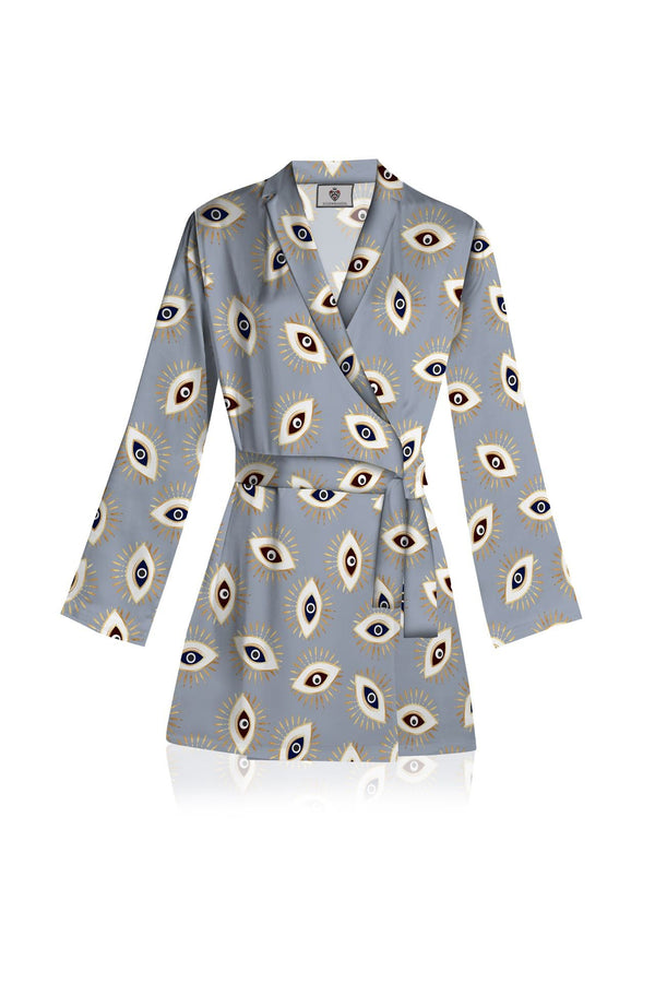 Evil Eye Grey Wrap Dress Made With Organic Silk Mini Length