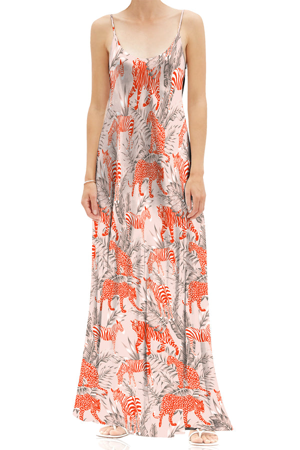 Designer Cami Slip Maxi Dress in Zebra Print Orange