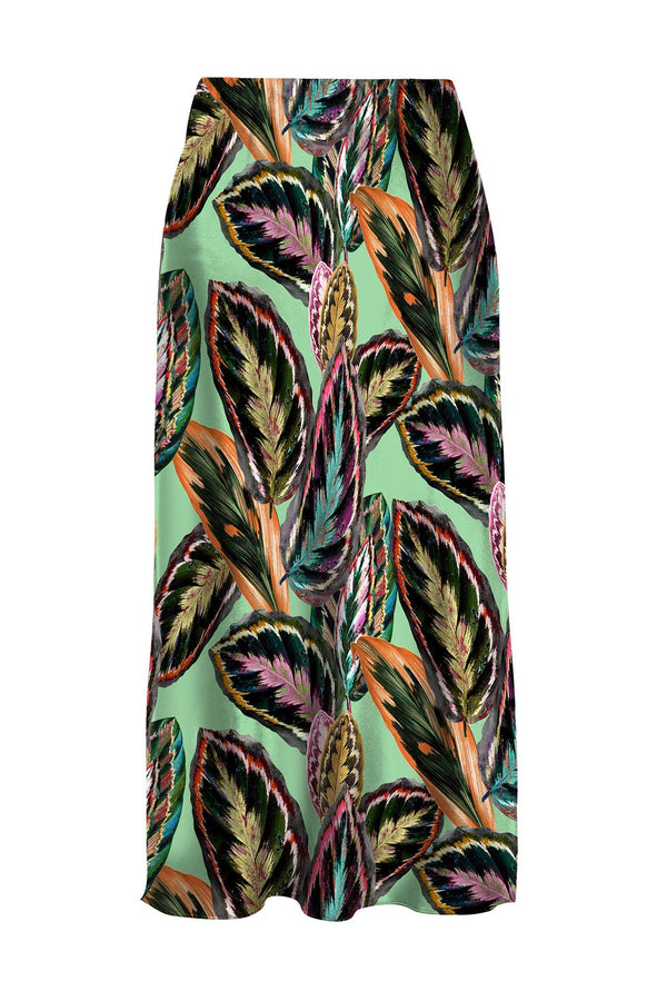 Leaf Print Vegan Silk Skirt in Green