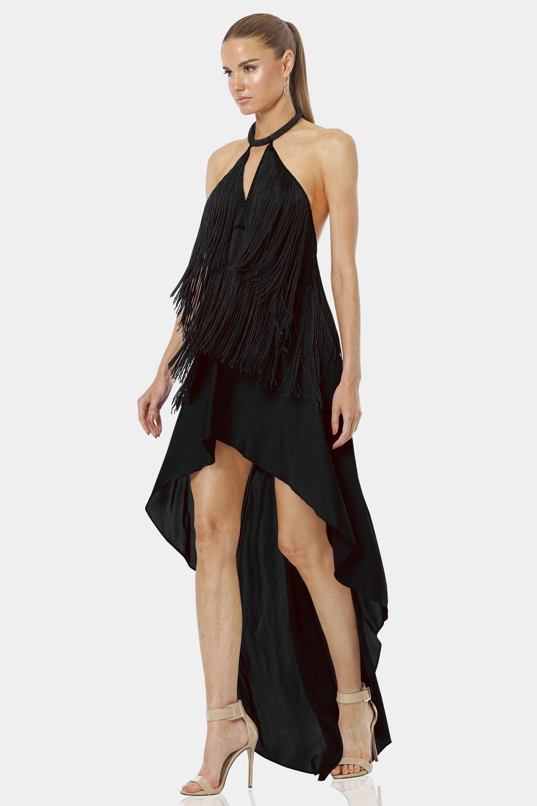 Shahida Parides,
fringe dress,
high and low dress,
black halter dress,