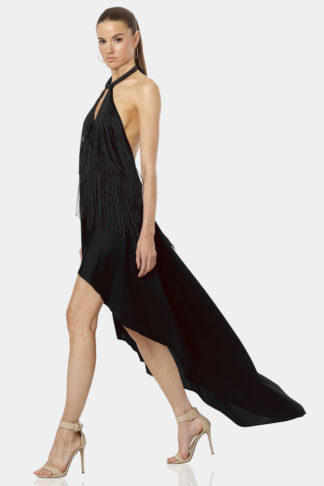 high low maxi dress,
long fringe dress,
Shahida Parides,
Black ruffle dress,