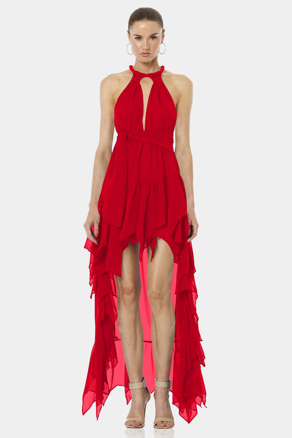 Psarou Bold Red Asymmetrical Maxi Dress