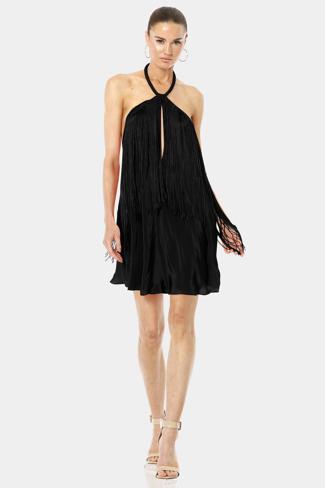 Shahida Parides,
short dress with fringe,
shoulderless dress,
dancing fringe,