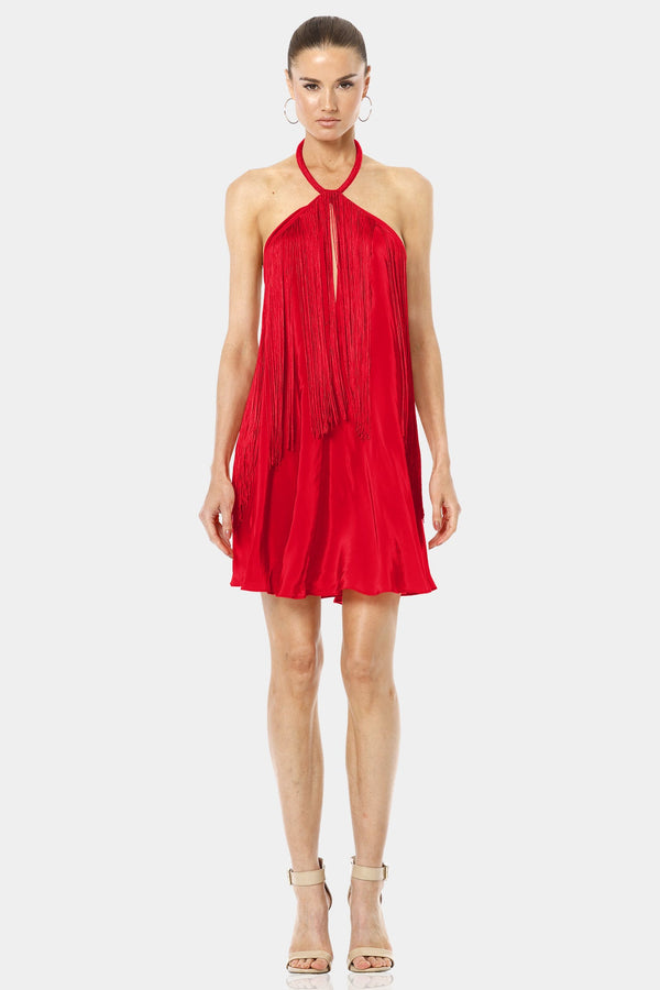 The Cave Chili Red Fringe Dress With Halter Neckline