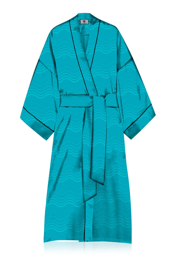 "blue robe womens" "Kyle X Shahida" "printed silk robe" "women's short kimono"