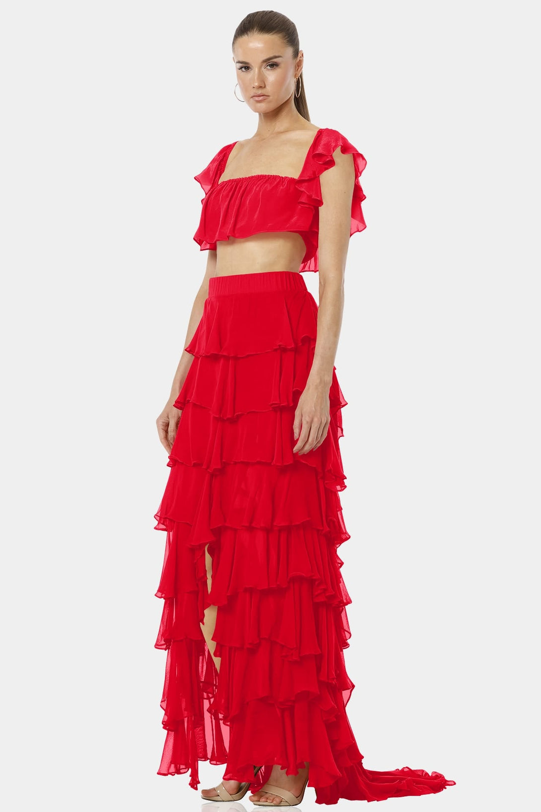 Shahida Parides,
ruffle red skirt,
ruffle maxi skirt,
red ruffle skirt,