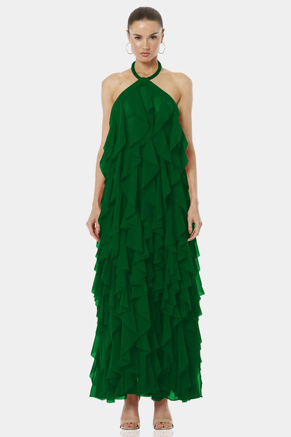 Flowing Green Halter Neckline Maxi Dress