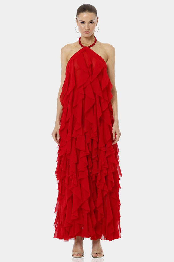 Chili Red Floor Length Backless Ruffle Dress