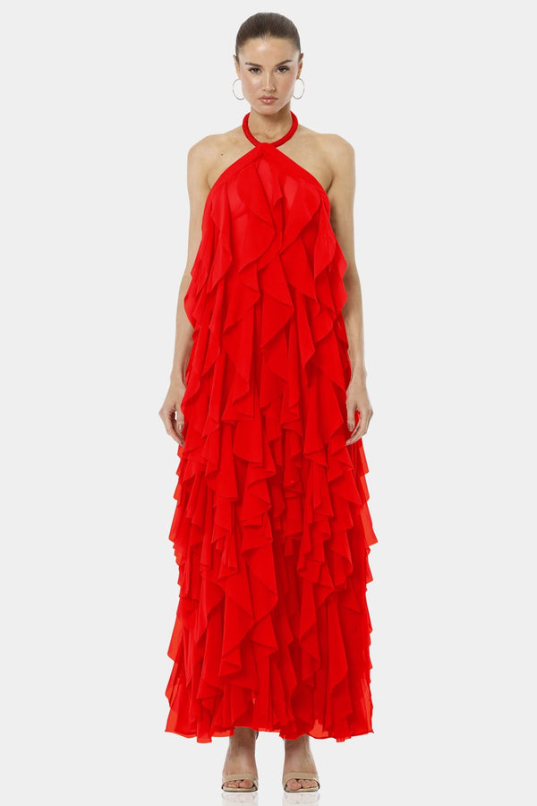 Red Lava Falls Halter Neckline Dress With Tiered Ruffles