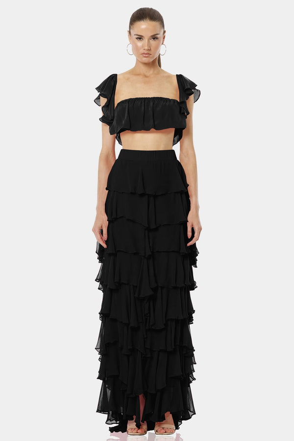 Almyra Black High Split Long Ruffle Skirt