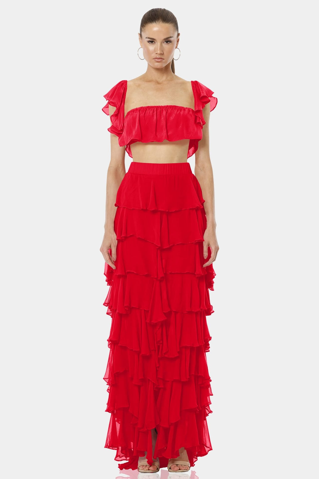 tiered ruffle maxi skirt,
split skirt long,
ruffle skirt red,
Shahida Parides,