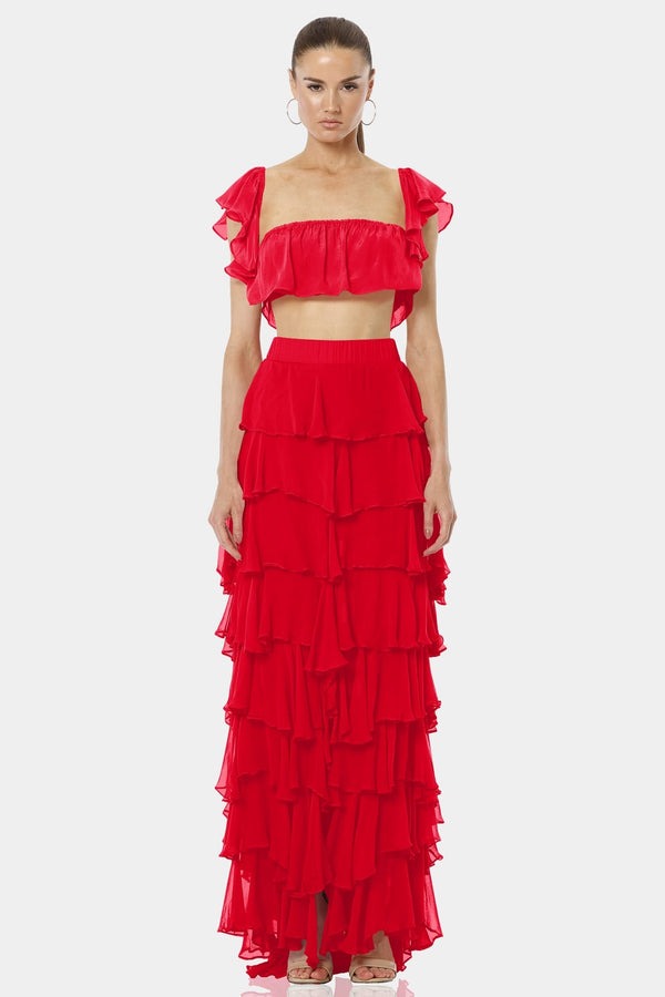 tiered ruffle maxi skirt,
split skirt long,
ruffle skirt red,
Shahida Parides,