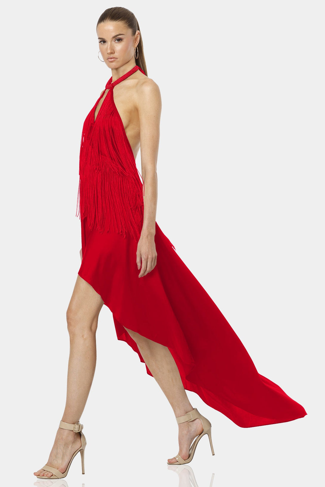 Shahida Parides,
open back ruffle dress,
Maxi Dress, long sleeveless red dress,