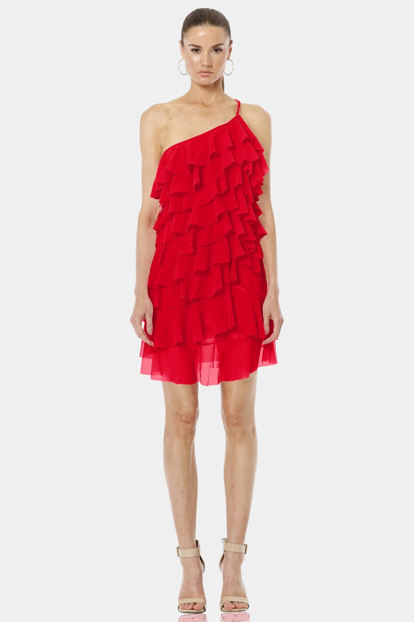 Starlight Fiery Red Ruffle Mini Dress With Designer One Shoulder