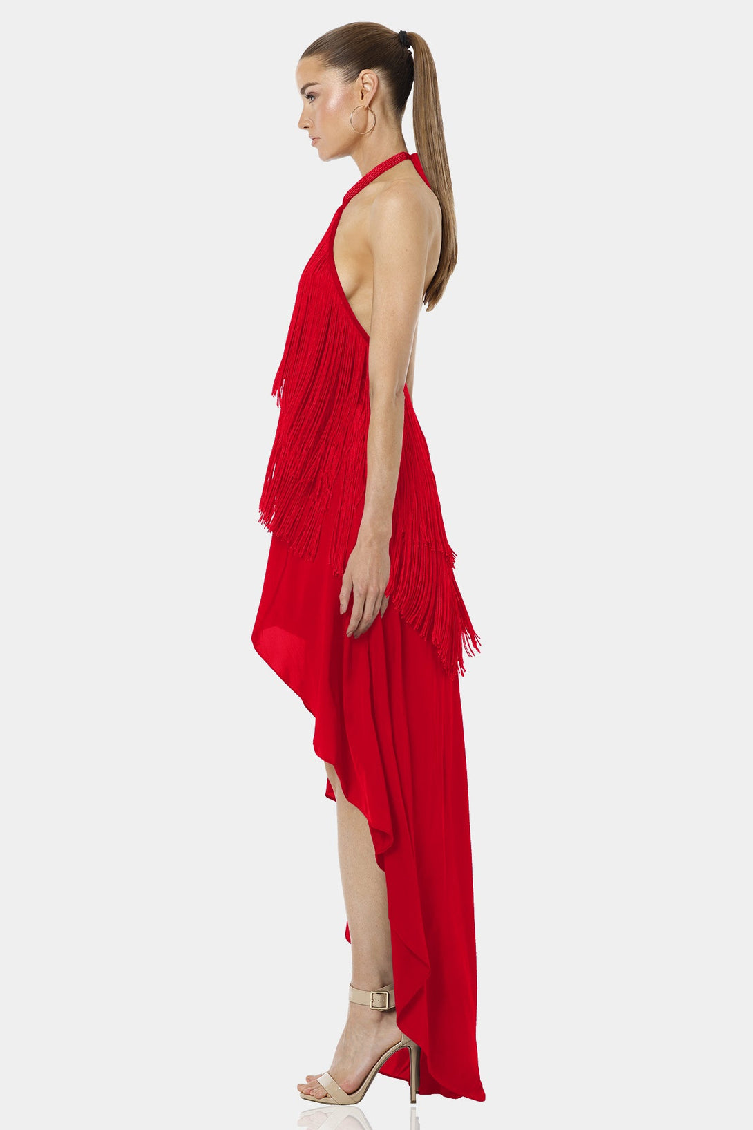 Shahida Parides,
red backless dress,
open back ruffle dress,
Maxi Dress,