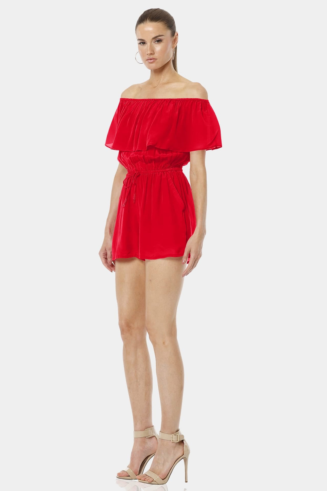 Shahida Parides,
red dress shoulder off,
off the shoulder ruffle dress,
off the shoulder mini dress,