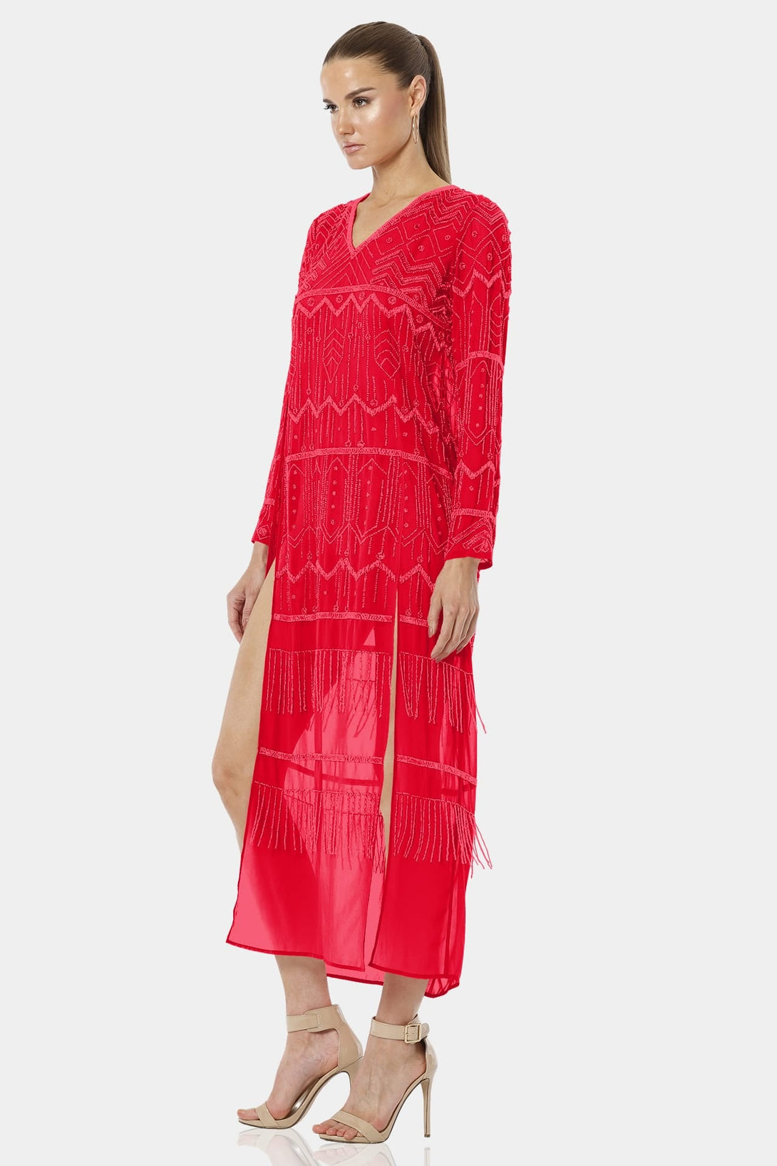 Shahida Parides,
long sleeve embellished dress,
high split maxi dress,
high split dress,