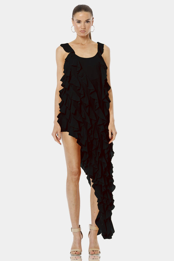 Shahida Parides,
ruffle dresses,
black dress ruffle,
dress with long overlay,