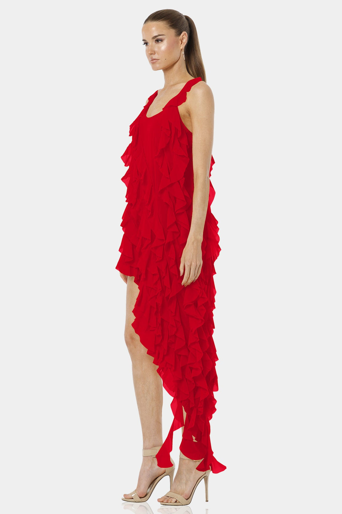 ruffle sleeveless dress,
ruffle dress sleeveless,
red with ruffles,
Shahida Parides,