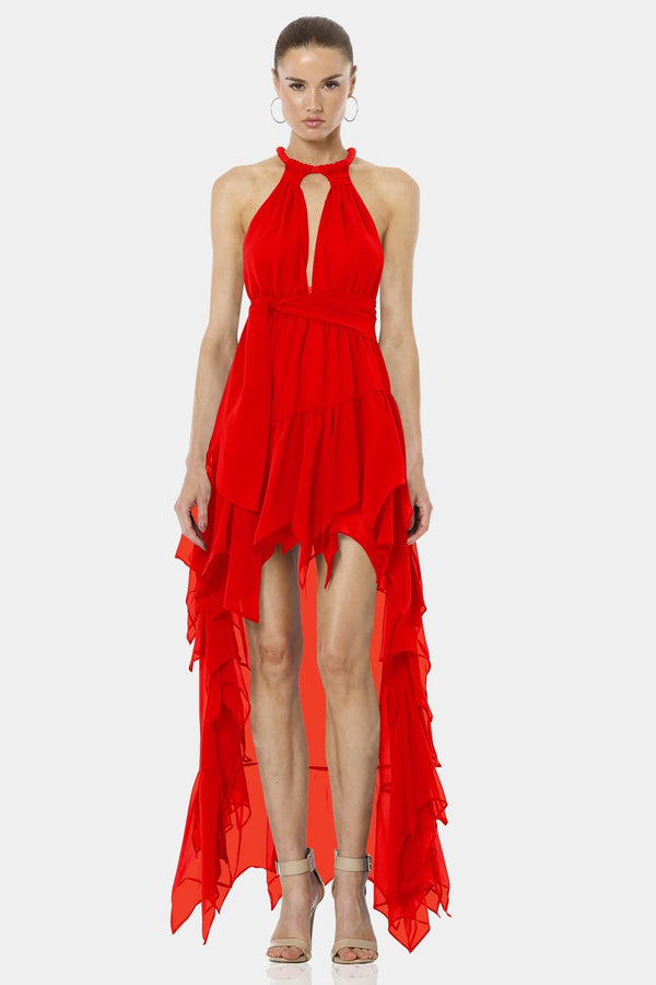 Psarou Red Lava Falls High Low Ruffle Dress