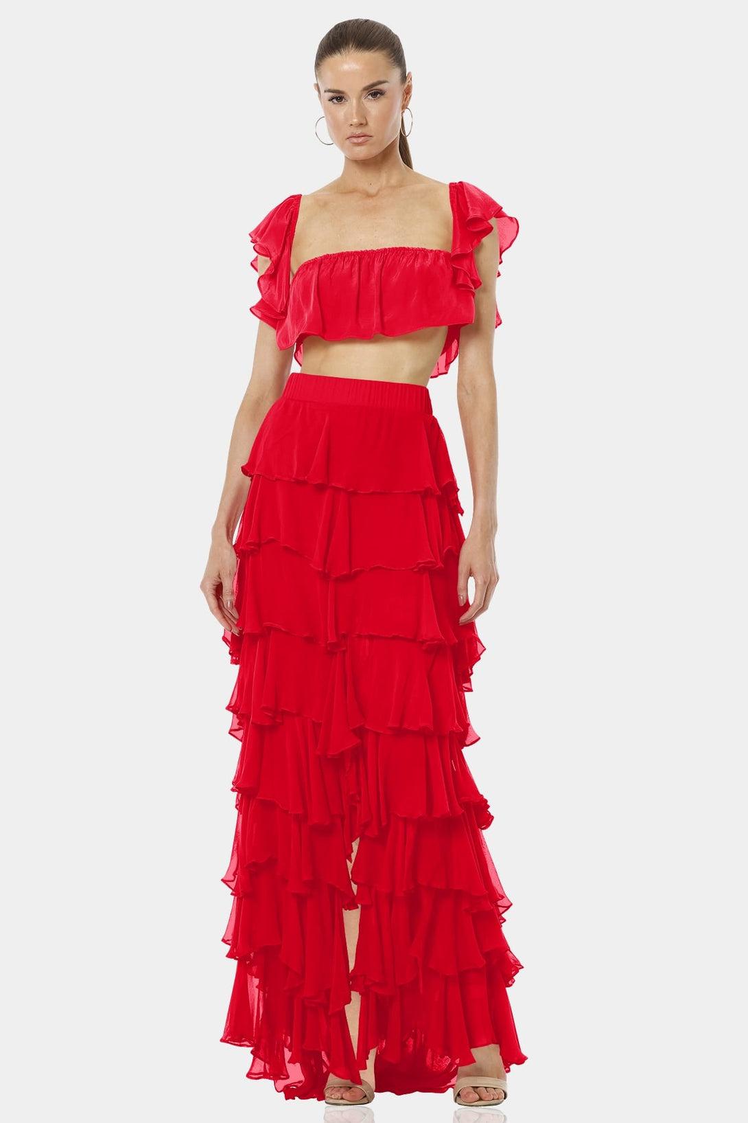 Shahida Parides,
tiered ruffle maxi skirt,
split skirt long,
ruffle skirt red,