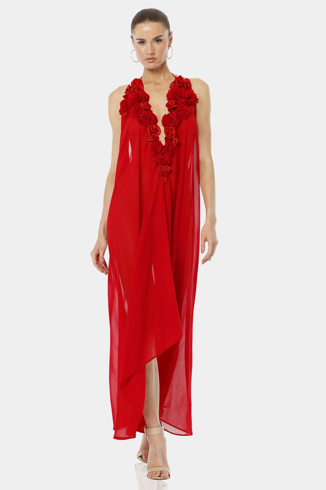 Shahida Parides,
and red maxi dress,
3d rose dress,
3d flower dress,