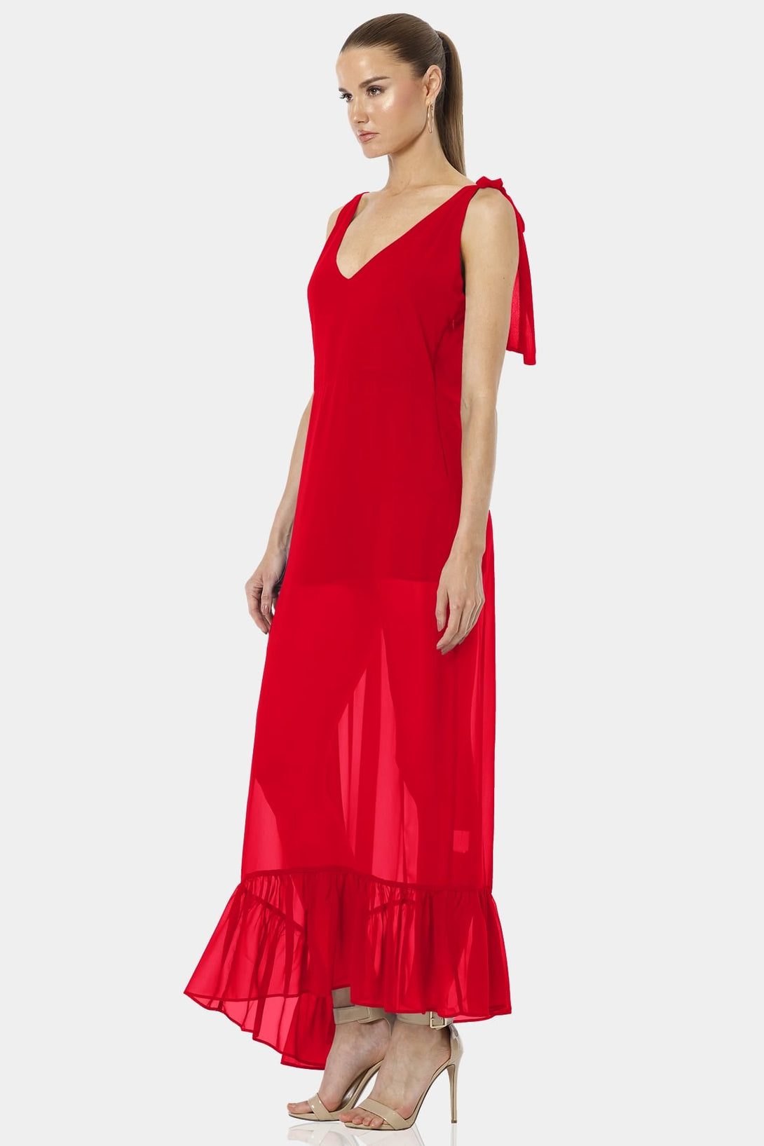 Shahida Parides,
red dress sheer,
red dress see through,
Plunged neckline,