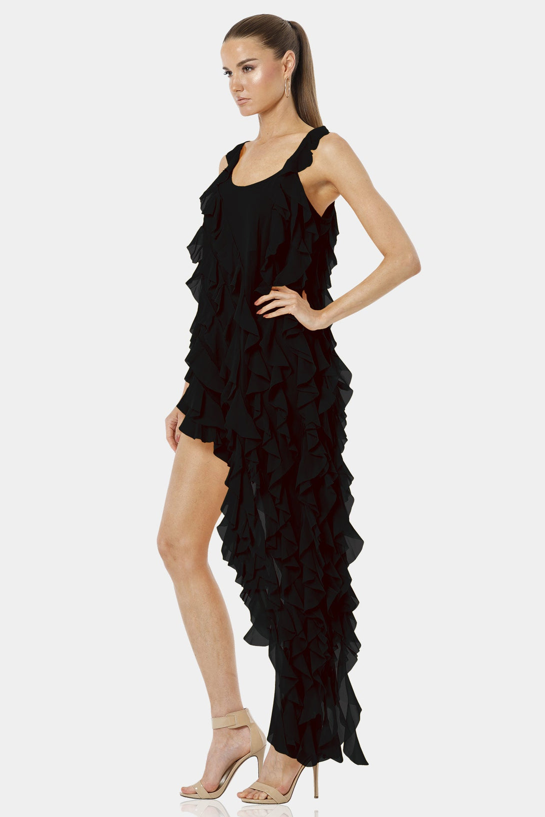 Shahida Parides,
sleeveless ruffle dress,
black ruffle dress,