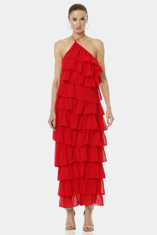 Atalanta Spicy Red Tiered Ruffle Dress With Halter Neckline