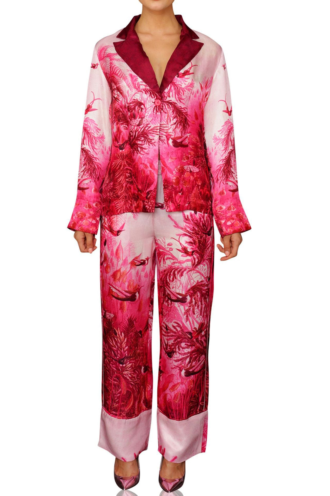 Printed Short Silk Jacket-Fuchsia