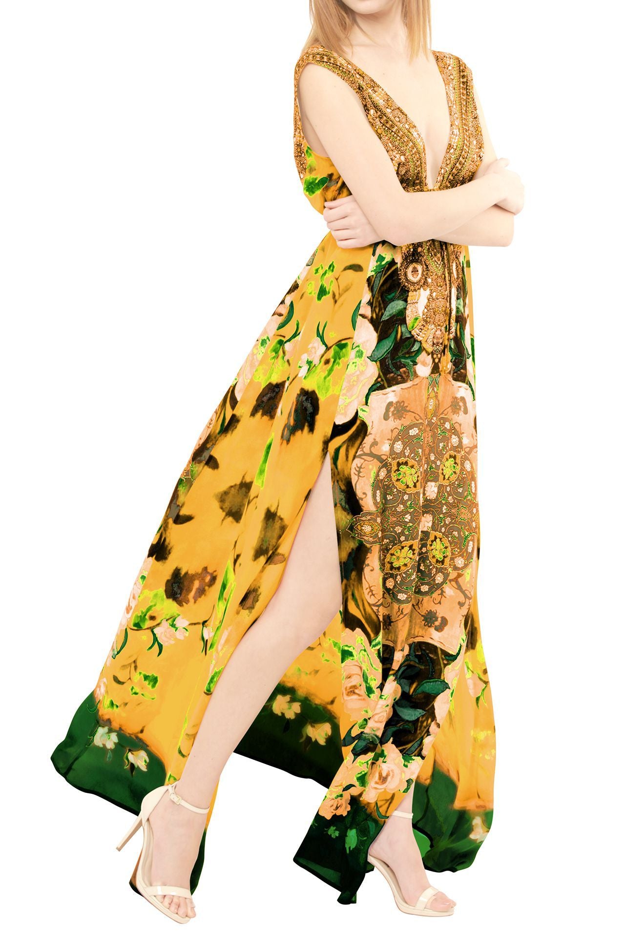 Designer Floral Maxi Dress | Yellow Maxi Dress | Shahida Parides