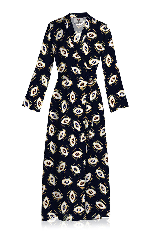 silk wrap maxi dress, Kyle X Shahida, long sleeve wrap long dress, floor length wrap dress,