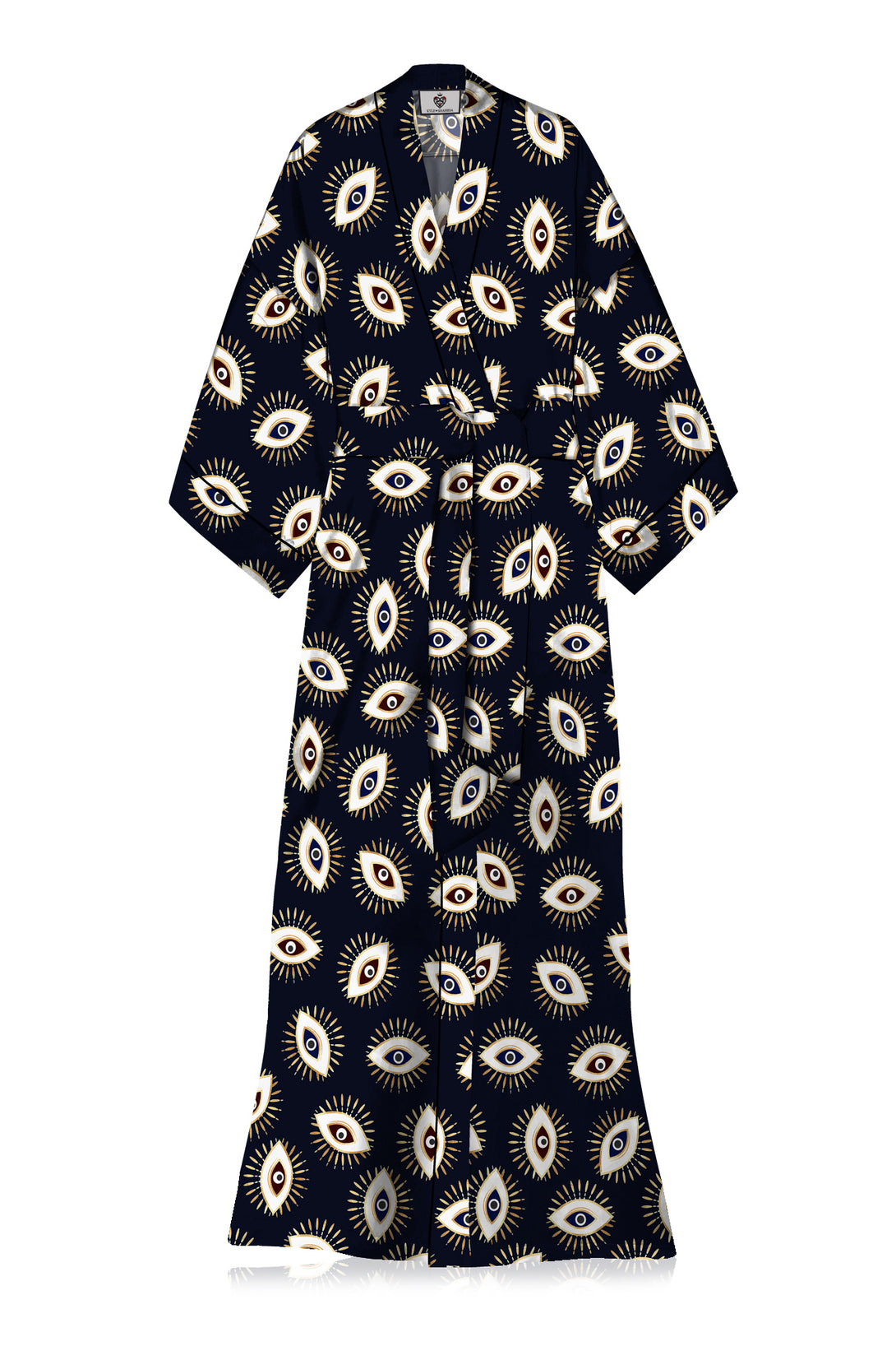 silk robes and kimonos,  Kyle X Shahida, evil eye print dress, long silk kimono,