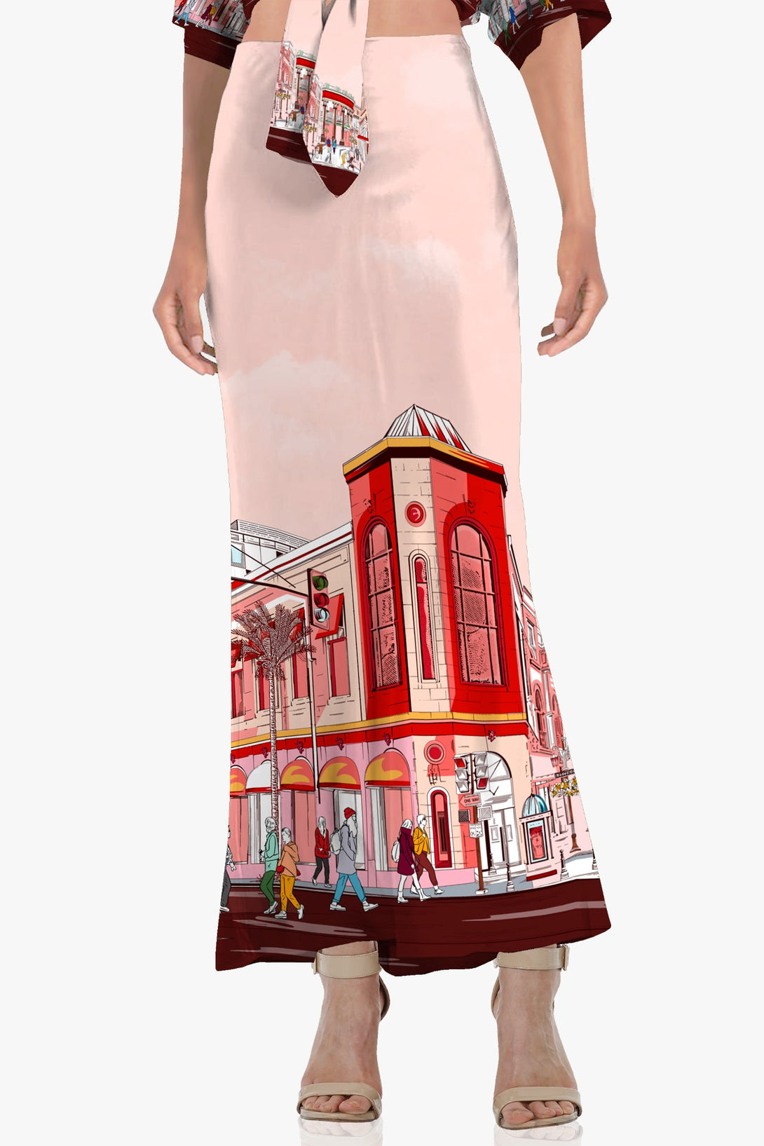 floor length skirt,
cute long skirts,
red skirt,
Kyle X Shahida,
Rodeo Drive Print,