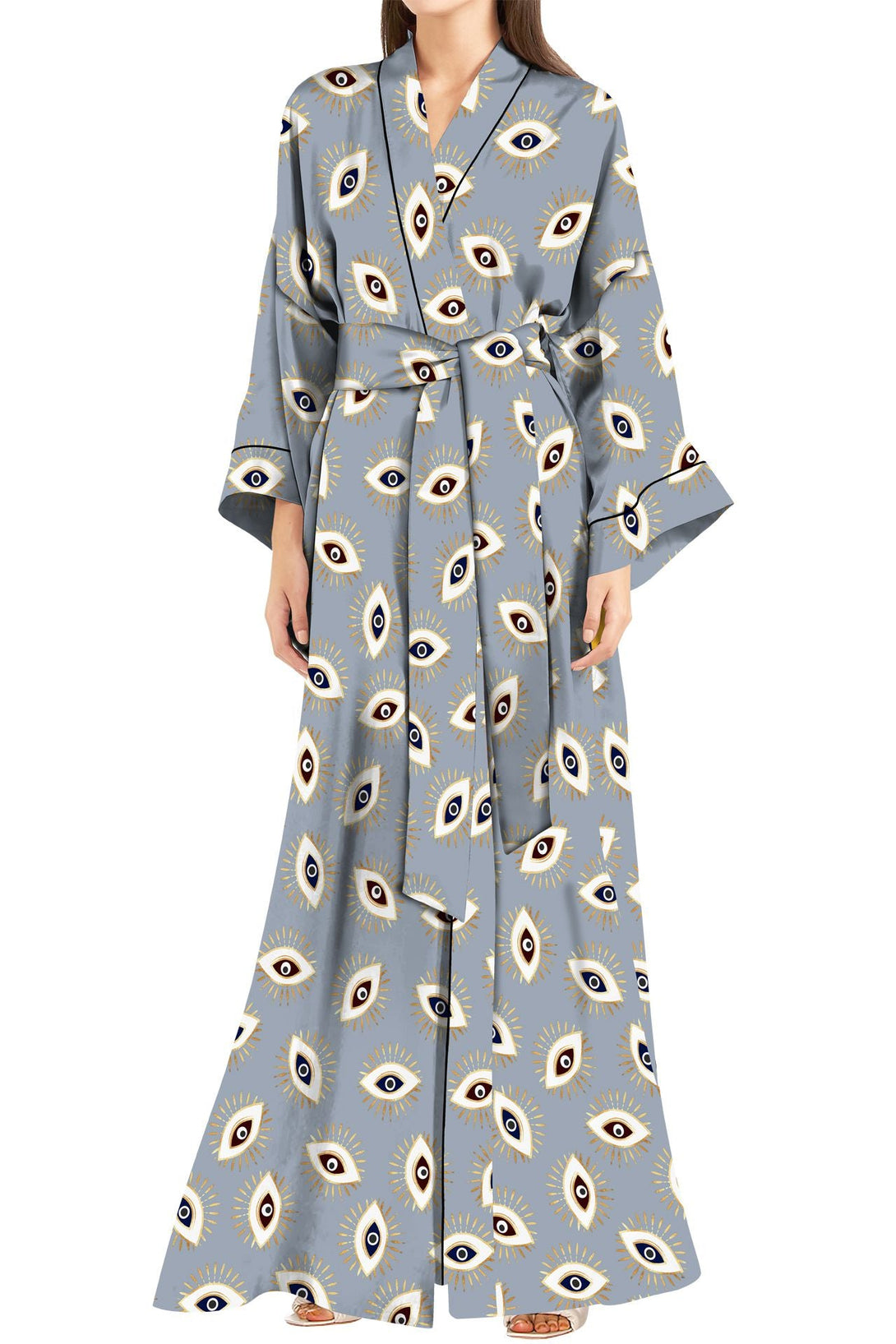 "gray robe womenss" "Kyle X Shahida" "evil eye print dress" "long silk kimono"