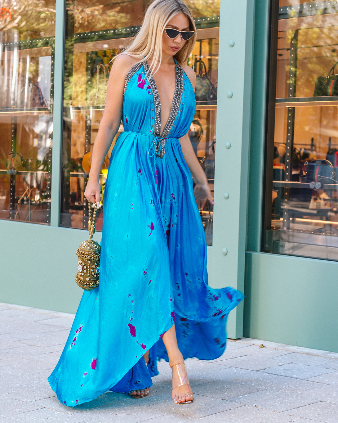  blue colour maxi dress, long silk dress, Shahida Parides, halter maxi dress, long flowy dresses,