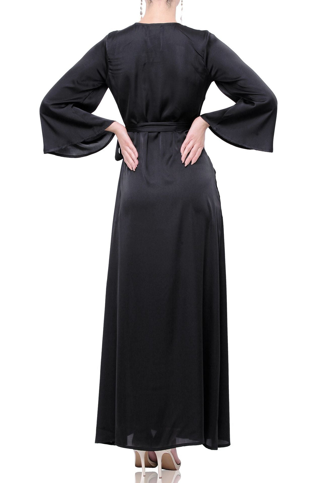 "Kyle X Shahida" "ladies black wrap" "long sleeve wrap dress" "black satin wrap dress"