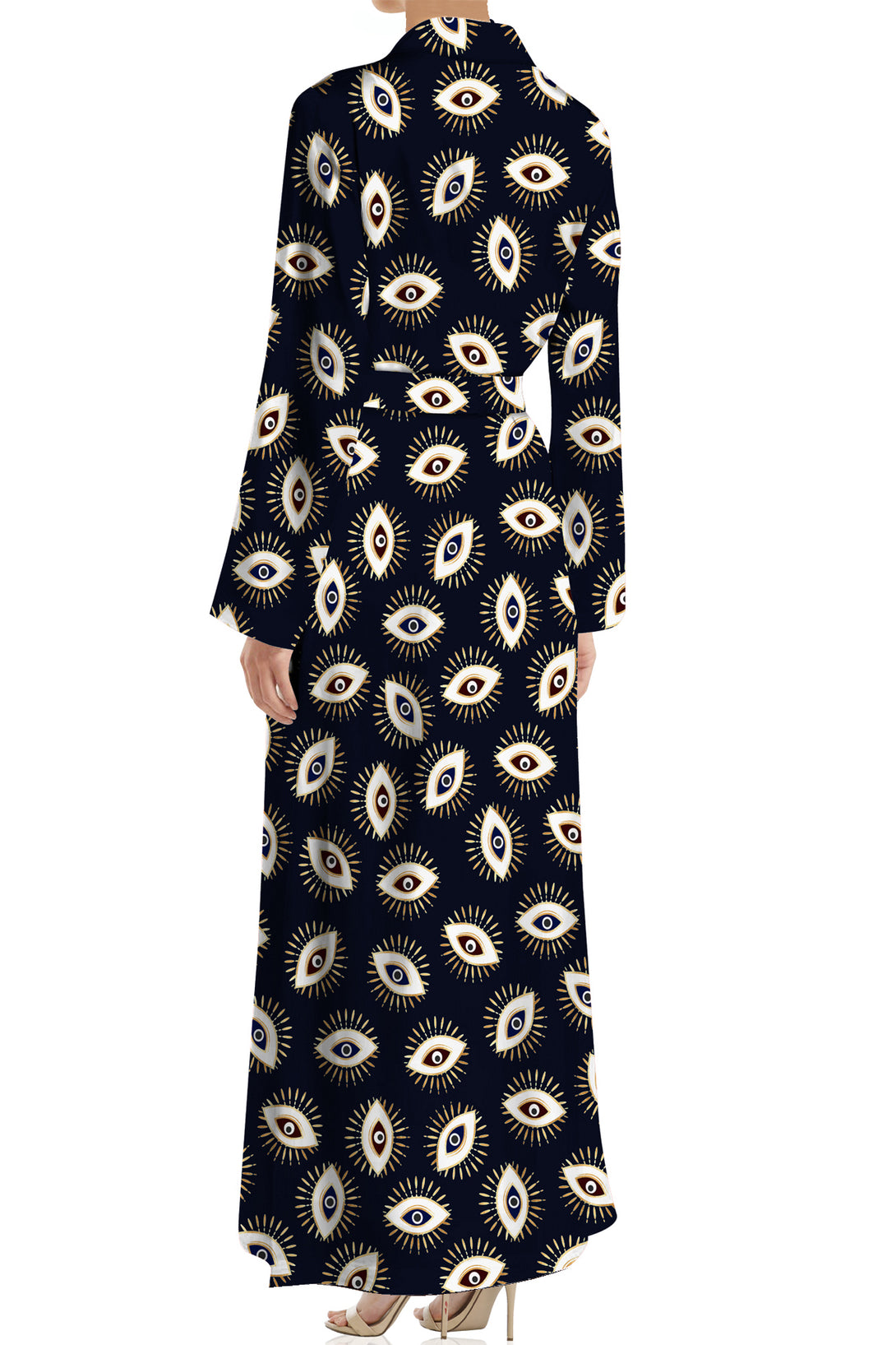 wrap front maxi dress, maxi womens wrap dress, Kyle X Shahida, evil eye print,