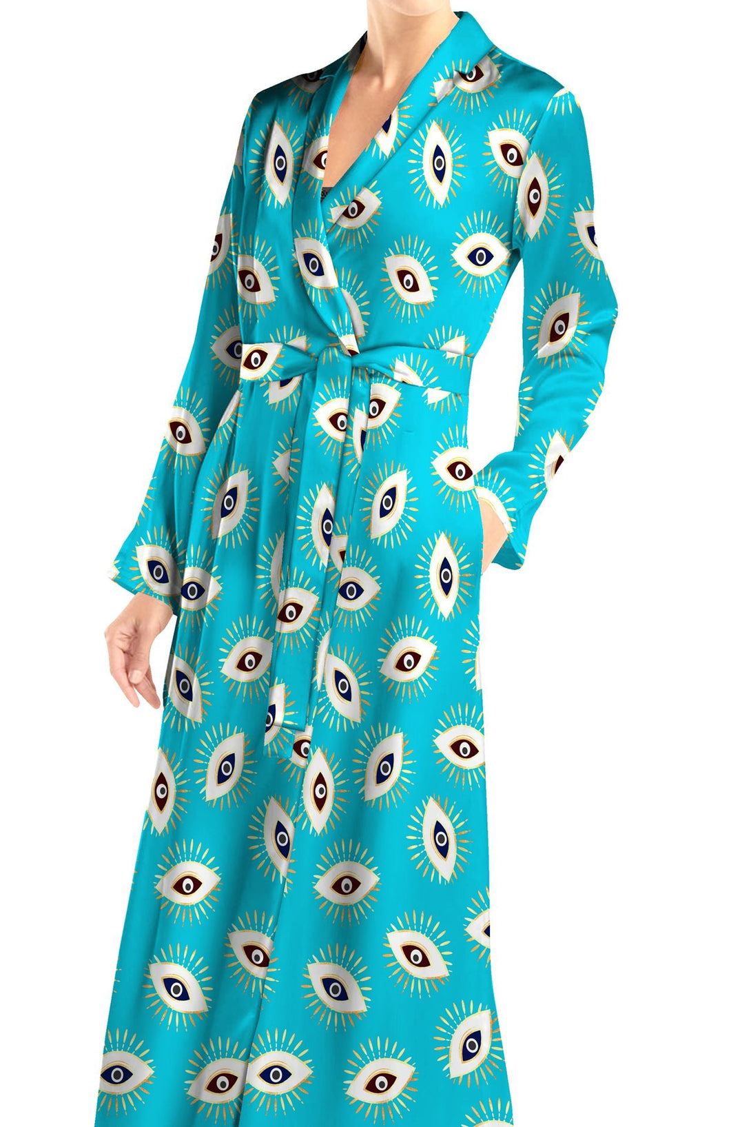 "maxi wrap long sleeve dress" "full length wrap dress" "blue wrap maxi dress" "Kyle X Shahida" 