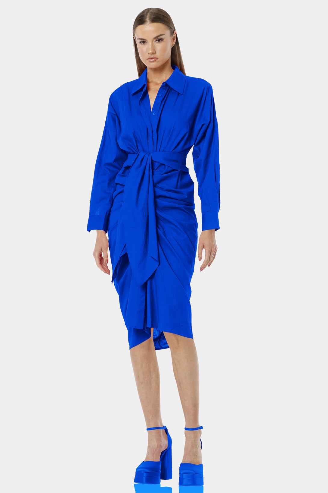 Shahida Parides,
button up dress blue,
ladies blue dress shirt,
blue midi shirt dress,