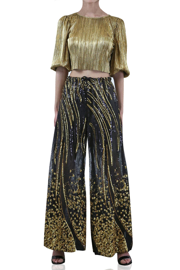 Womens Black & Gold Sequin Pant