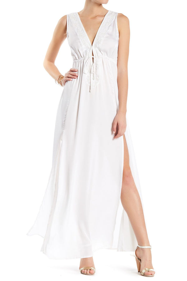 High Slit Long White Silk Dress